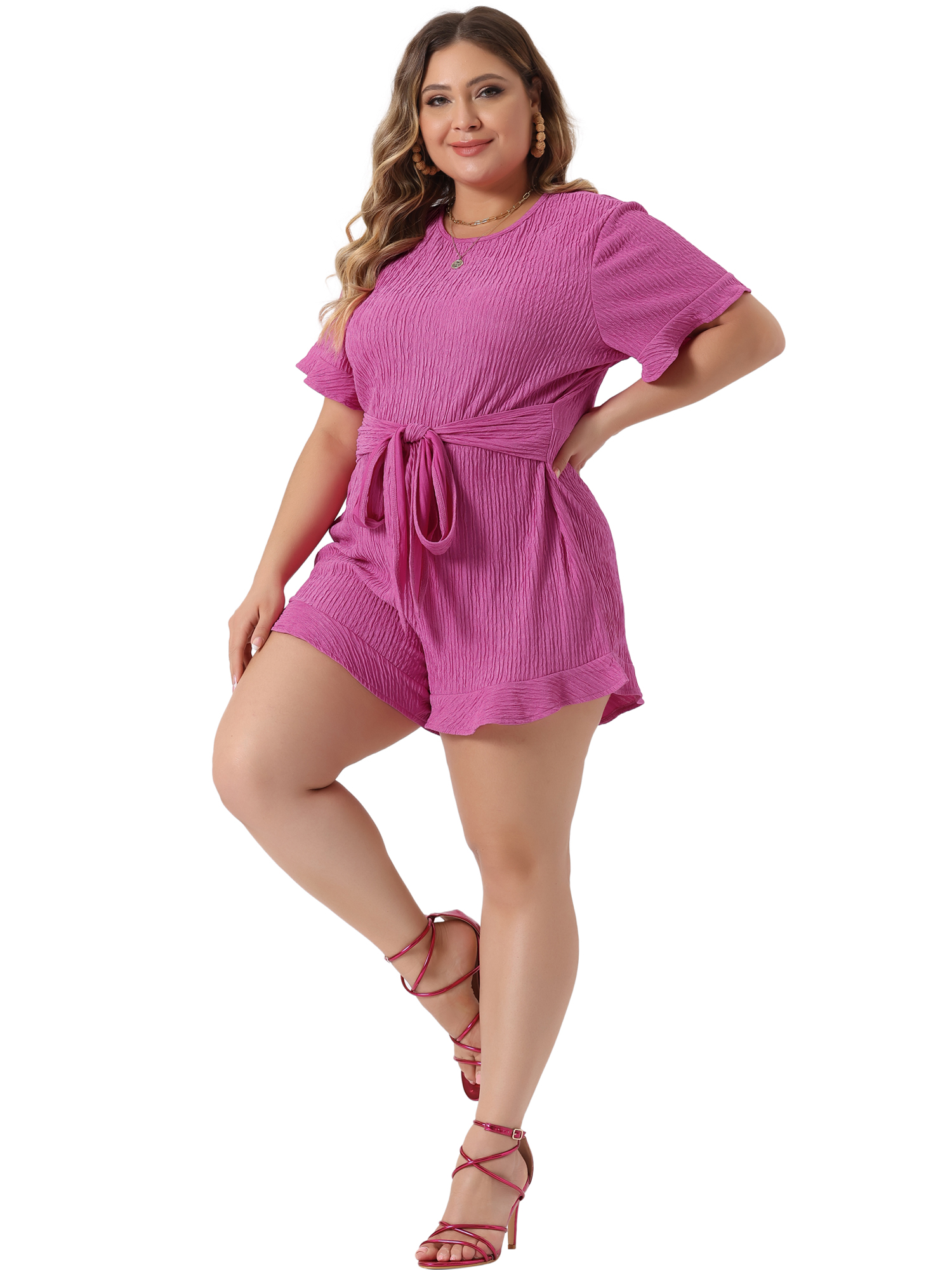 DARING DIVA Women's Plus Short Sleeve Ruffle Front Tie Short Jumpsuits 2X Hot Pink