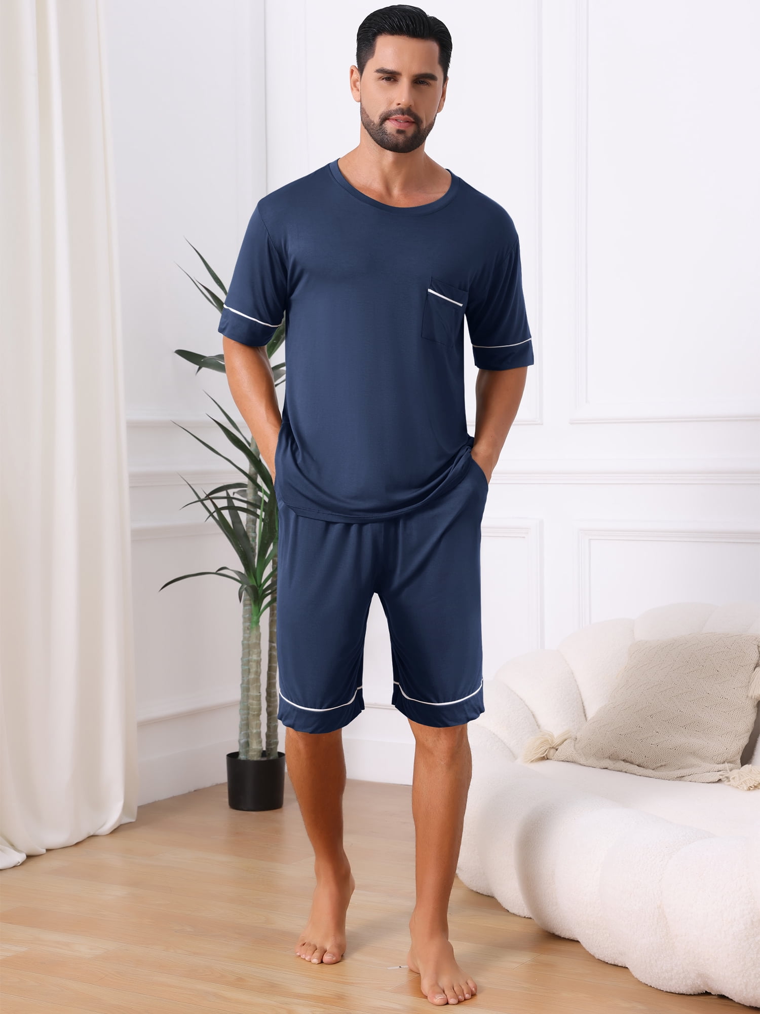 DARING DIVA Men's Soft Nightwear Summer Crew Neck Pajama Set with Pockets L Dark Blue