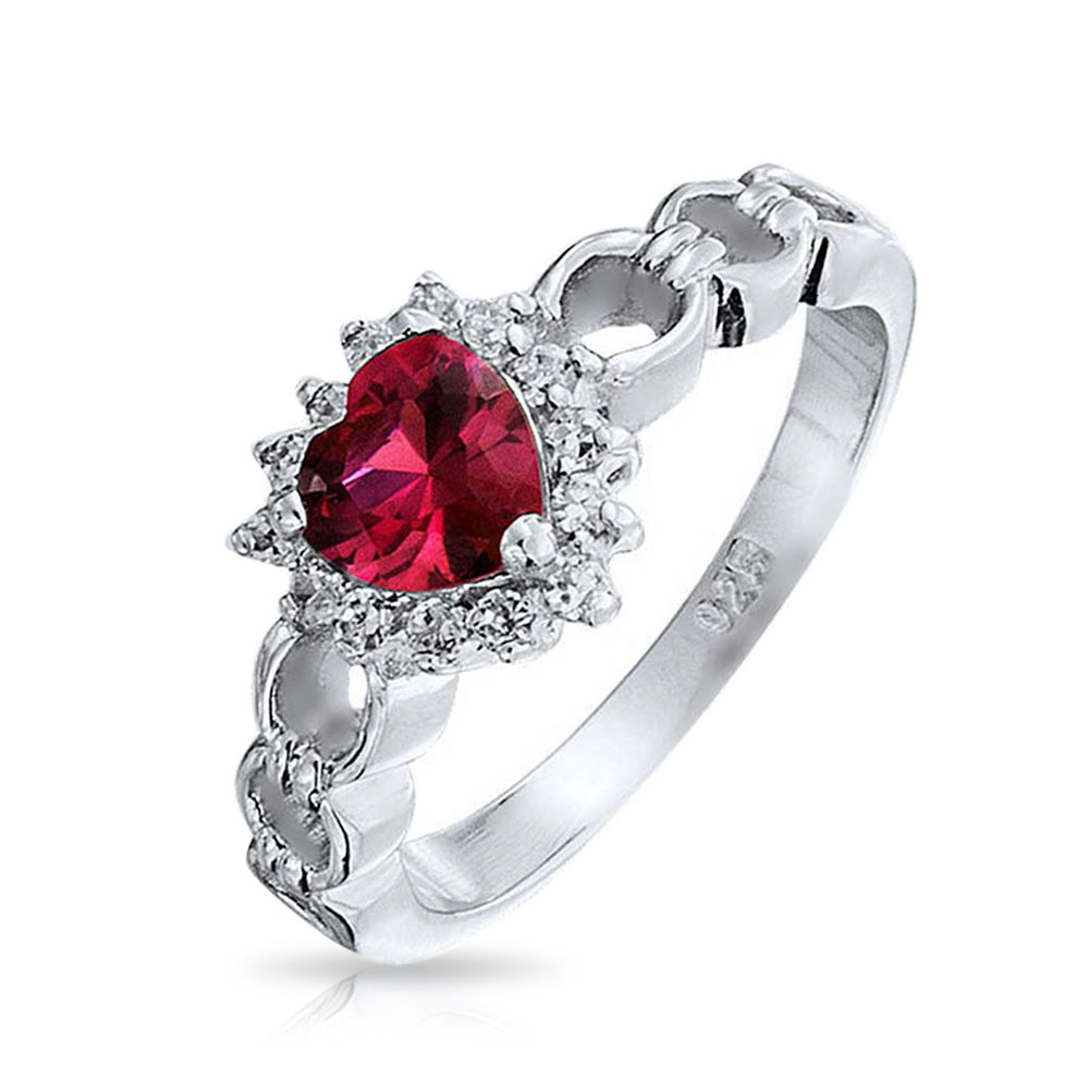 2CT Cubic Zirconia Halo CZ Red Heart Shape Promise Ring For Women For Girlfriend Simulated Ruby