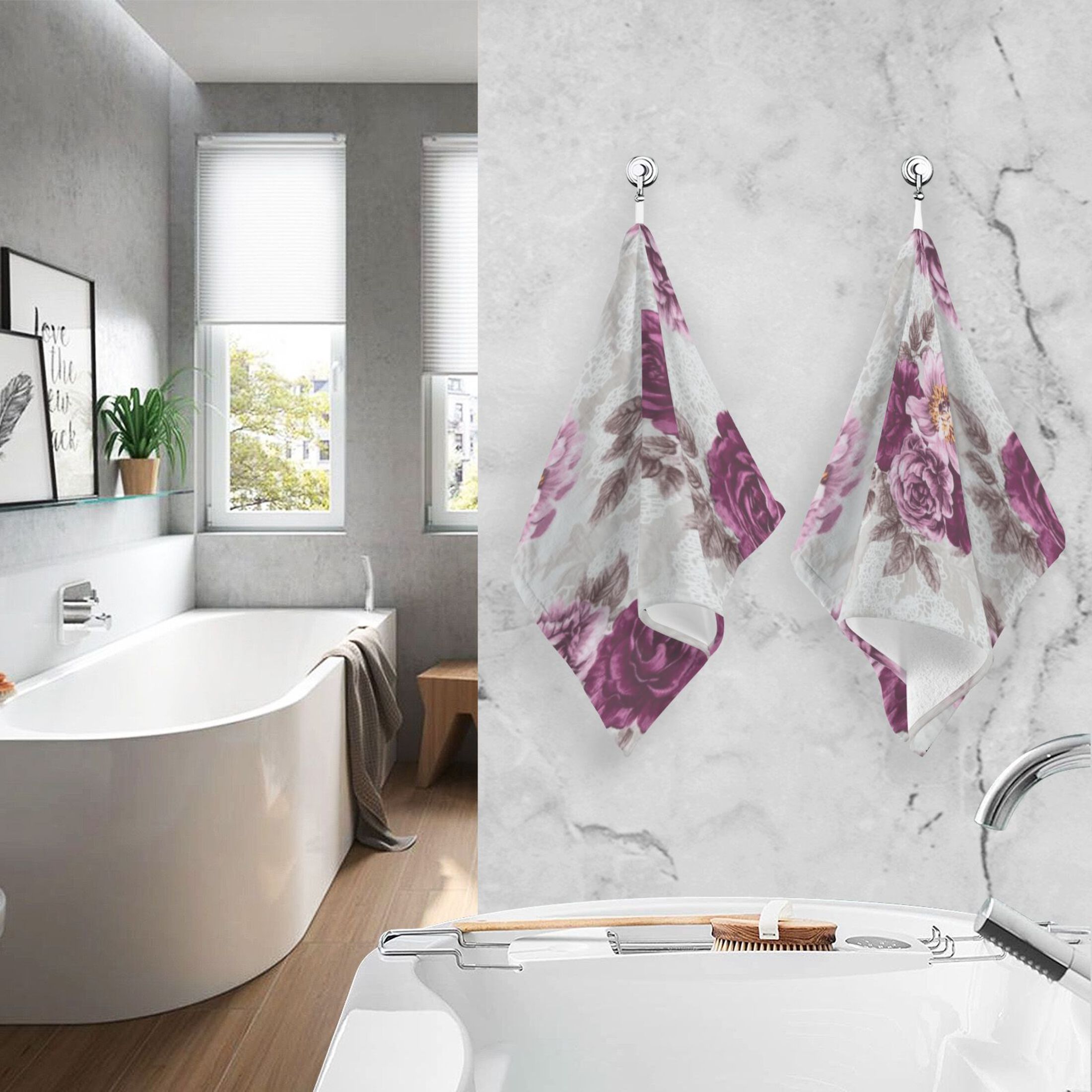 2 Pcs Absorbent Face Towel Bath Hand Towels Soft Breathable Cotton Towel Set for Bathroom Kitchen Hotel Spa Decor Magenta Roses