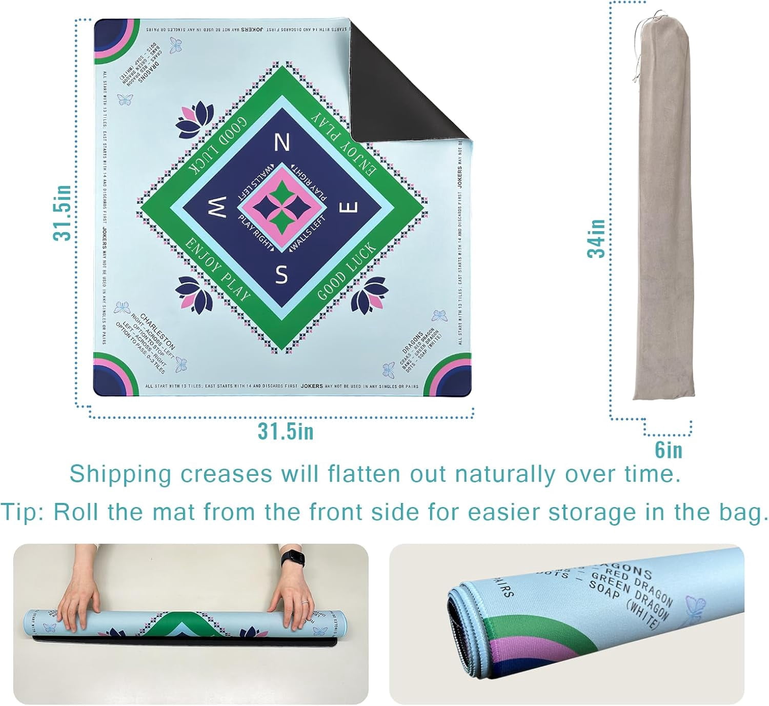 Mahjong Mat with Rules, 31" x 31" Non-Slip Noise Reduction Table Cover, American Mah Jongg Mat for Table with Carry Bag, Waterproof Gaming Surface for Poker, Card, Dominoes, Board & Tile Games