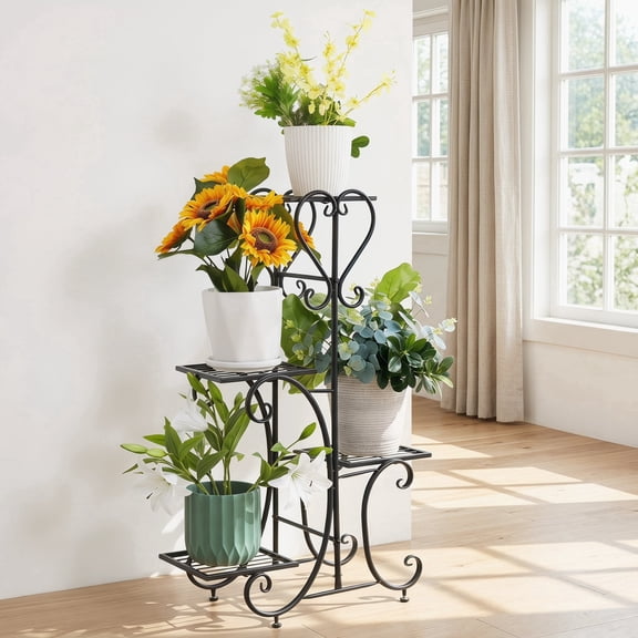 4-Tier Heavy-Duty Black Metal Plant Stand Shelf, 32.28" Tall, Indoor Outdoor Plant Display Rack, Easy Assembly