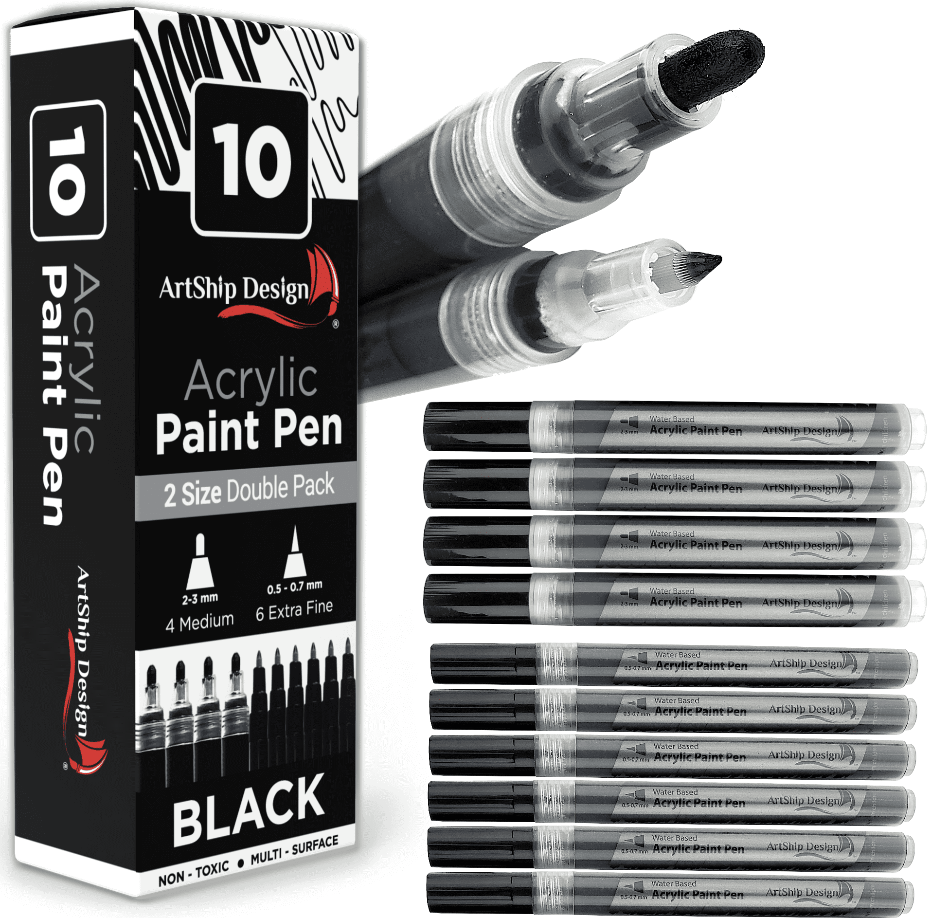 10 Black Acrylic Paint Pens, Double Pack of Both Extra Fine and Medium Tip Paint Markers - ArtShip Design, Size: 10 Pack