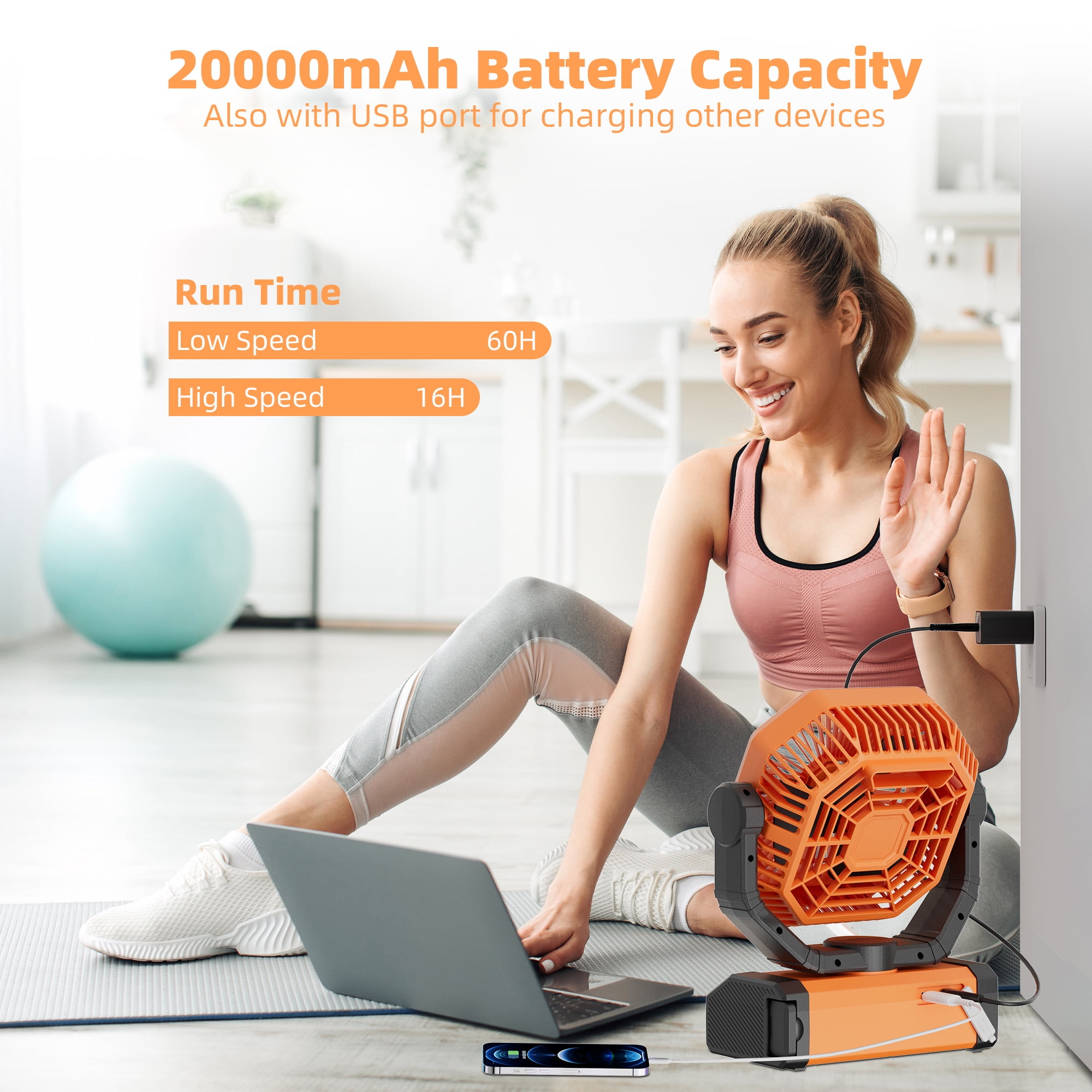 MORIKO Portable Cordless Fan 20000mAh Rechargeable Battery Powered Ventilator w/ LED Lantern, Remote, Hook, Timer, 270° Pivot 90° Oscillating 4 Speed Brushless Motor, Outdoor Jobsite Garage Patio Fan