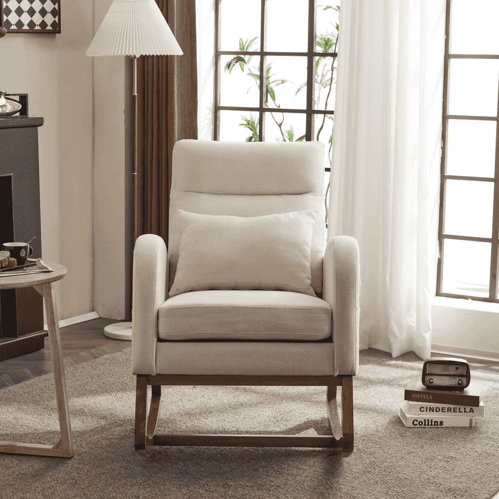 Spaco Linen Rocking Chair with Thick Headrest, Upholstered Mid-Century Modern Nursing Rocker Glider with Curved Armrest and Sturdy Solid Wood Base for Living Room, Bedroom, Baby Room, Beige