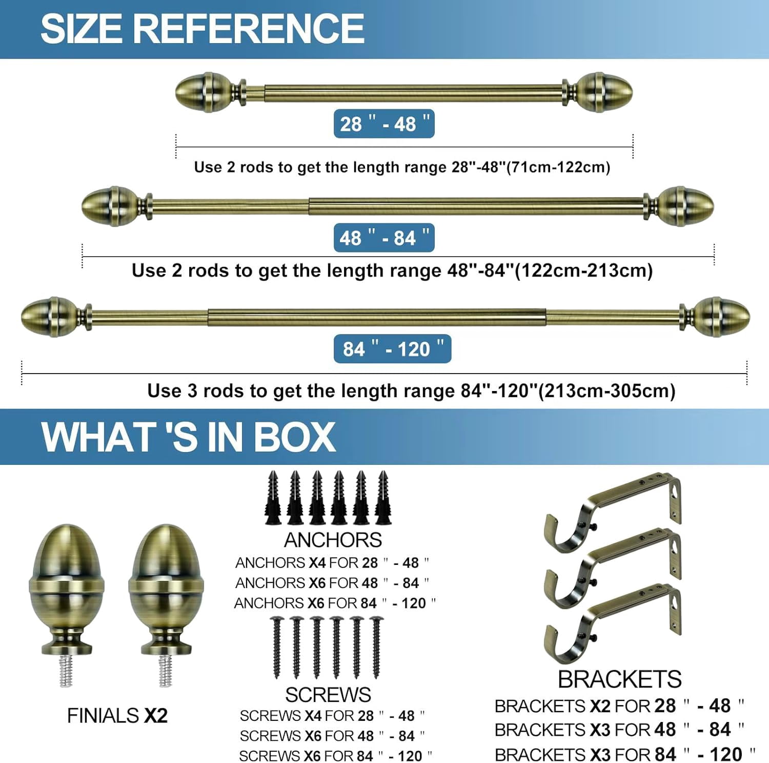 Urbanest Adjustable Single Curtain Rod Set Acorn Finials – 5/8-Inch Diameter, With Antique Brass Rod, 48–84 Inches