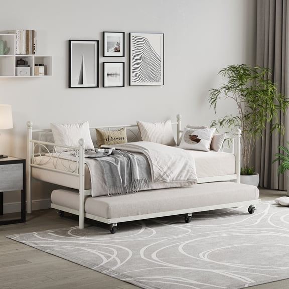 Space-Saving Metal Daybed with Pull-Out Trundle – Twin Size Bed, Floral Headboard, Heavy Duty Steel Slats, Platform Sofa Bed for Guest Room or Living Room, No Box Seasonal Needed
