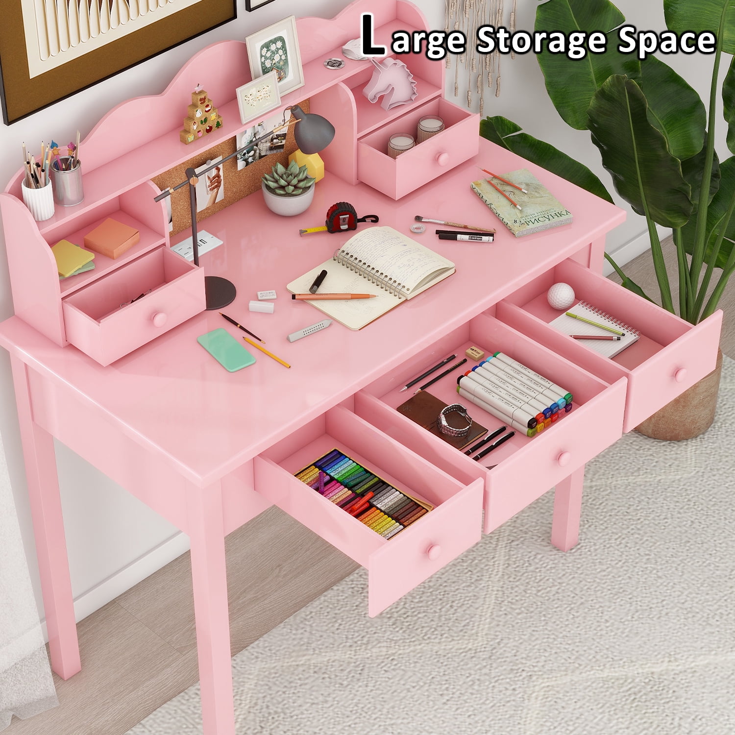 LAZZO 36" Writing Desk with Detachable Hutch & Drawers, Home Office Study Desk, Pink