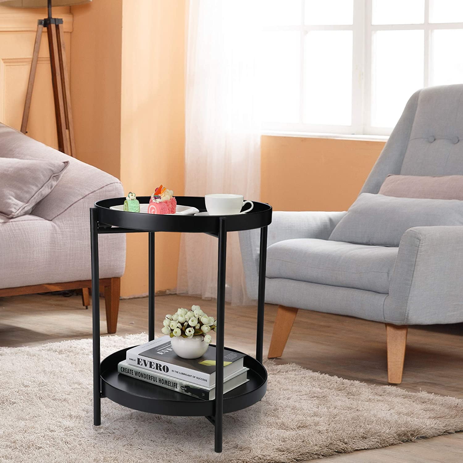 2-Tier Tray End Table, Round Metal Side Table, Plant Stand with Storage Shelf for Balcony, Black