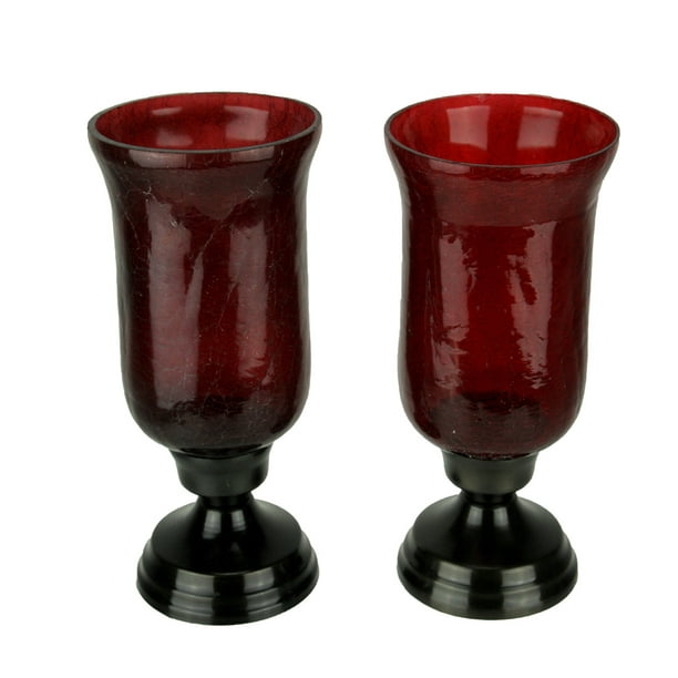 Red Crackle Glass and Metal Antique Style Hurricane Candle Stick Holder