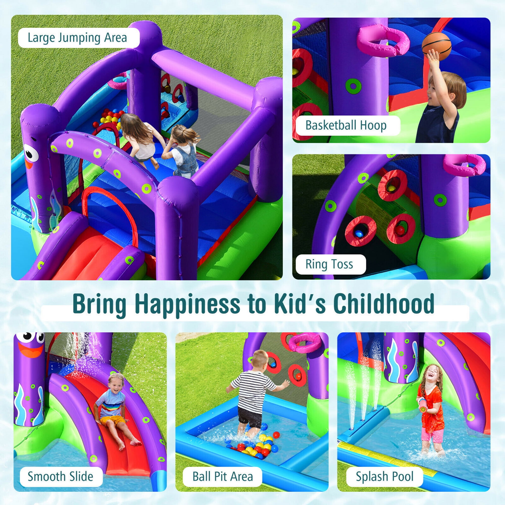 Gymax Inflatable Water Slide Castle Kids Bounce House w/ Octopus Style & 750W Blower