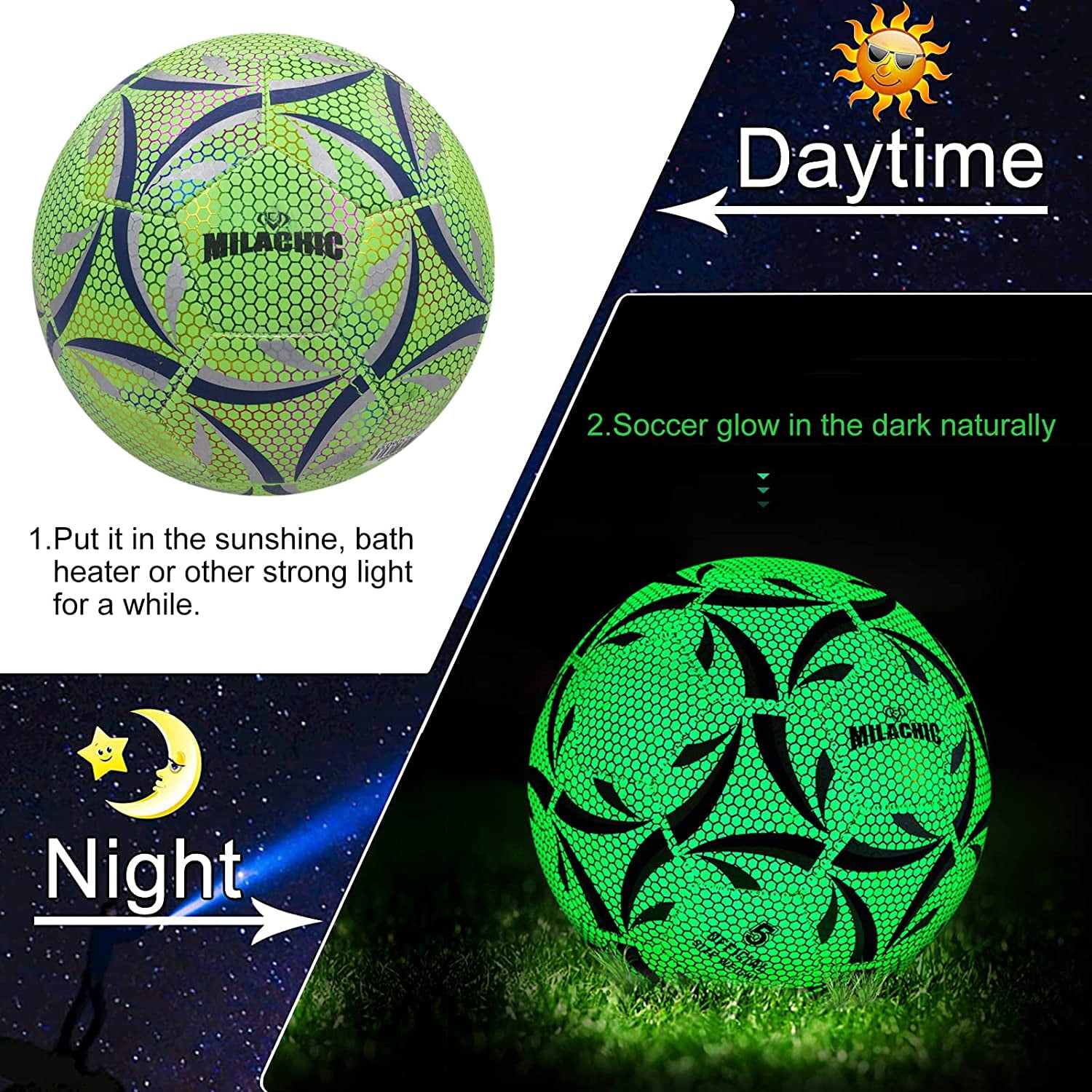 Soccer Ball, Glow in The Dark Soccer Ball Size 3 / 4 / 5, MILA CHIC Glowing Luminious Soccer Balls Gifts for Boys, Girls, Men, Women Indoor-Outdoor Soccer Training (with Pump)