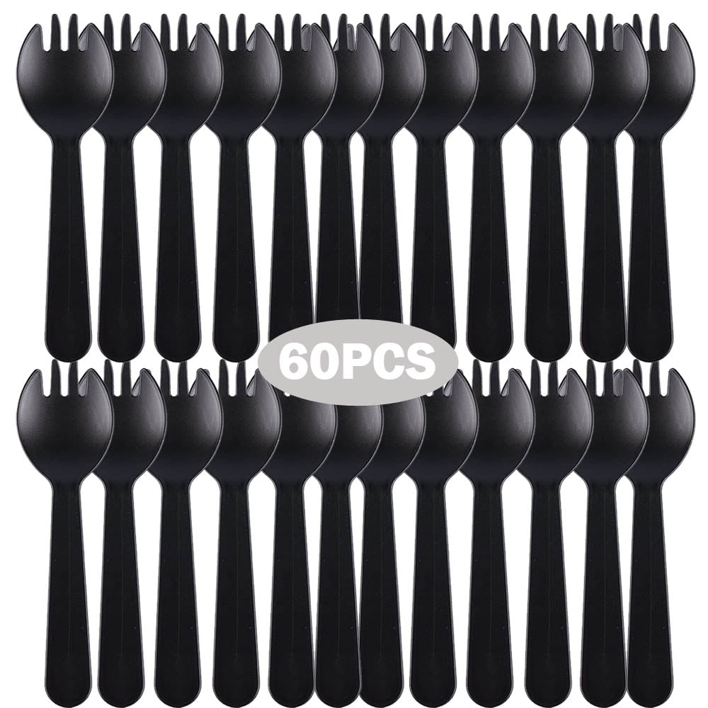 60 PCS Individually Wrapped Plastic Spoons, Disposable Spoons with Long Handles, Black Plastic