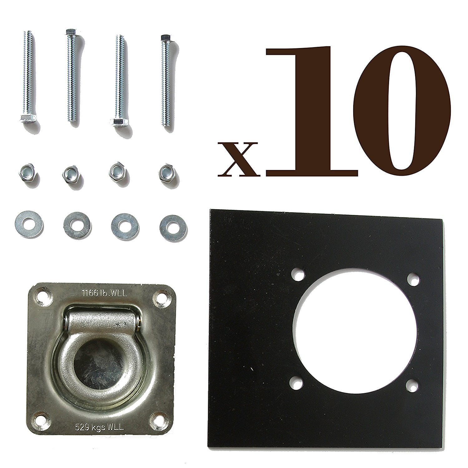 Ten Recessed D Ring Pan Fittings Small Square Tie Down D Ring Trailer Cargo Tiedown Anchors Mounting Lock Plates Installation Tie Down Hardware Parts Carriage Bolts Keps Nuts Flat Washers