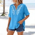 thumbnail image 6 of Xdegoge Womens Boho Floral Embroidered Blouse Cotton Linen V Neck Button Down Tunic Top Short Sleeve Rolled Cuff Loose Fit Casual Summer Vacation Work Shirts, 6 of 7