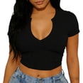 thumbnail image 2 of jobturf Crop Tops for Women Trendy Deep V Neck Short Sleeve Shirts Summer Basic Tees Stretchy&nbsp;Slim&nbsp;Fitted Ladies Blouses S-XXL, 2 of 7