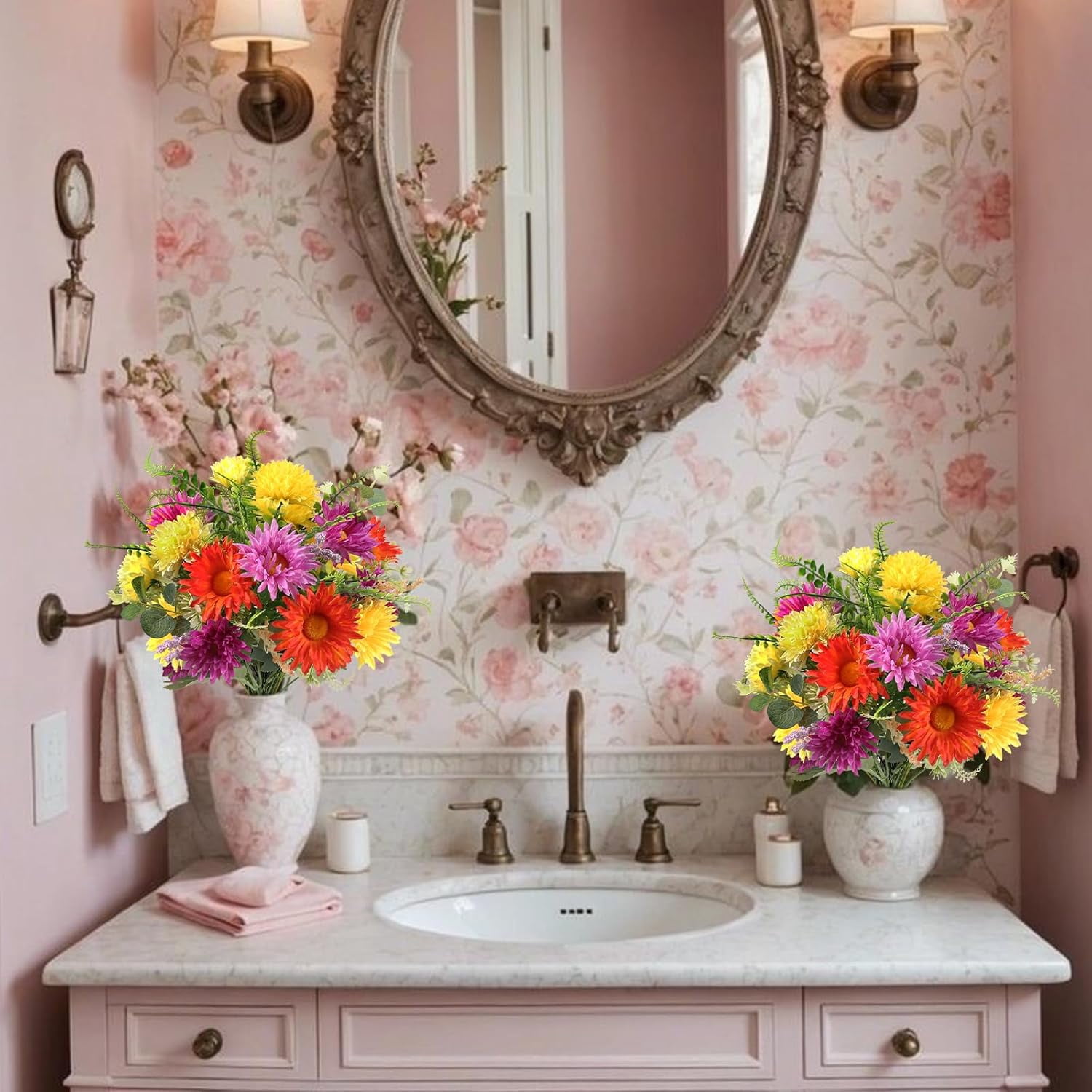 Fall Flowers Artificial Faux Gerbera Daisies Flowers Fake Silk Flowers Arrangements Fall Cemetery Flowers for Grave for Home Indoor Table Vase Wedding Party Halloween Autumn Decor (13.38in)