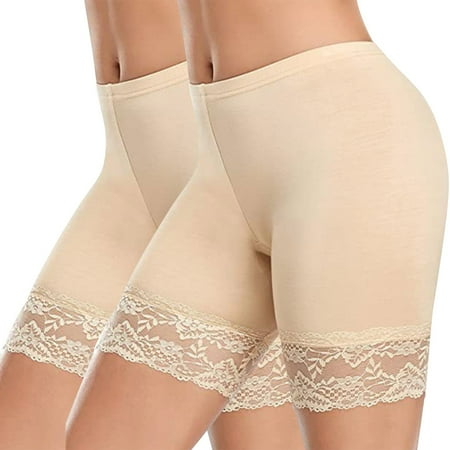 Annhoo 2PCS Womens Panties Mid Waist Lace Trim Boyshorts Underwear Stretch Butt Lifting Leggings Under Dresses