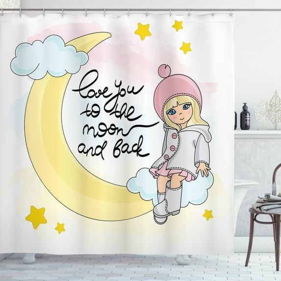 Saying Shower Curtain, Cartoonish Drawn Girl on Crescent Love You to the Moon and Back Typography, Fabric Bathroom Set with Hooks, 69W X 70L Inches, Multicolor, by Ambesonne