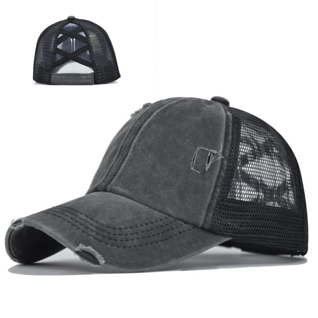 Sombrero cruzado de moda, gorra de béisbol para mujer, cola de caballo desgastada, moño desordenado, sombrero de pony, negro