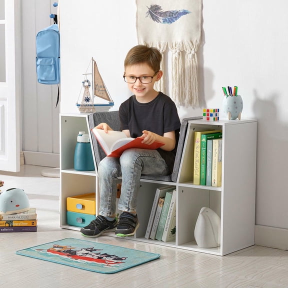 Resenkos Kids 6-Cubby Bookcase - With Reading Nook & Cushion, Multi-Purpose Storage for Bedroom, Living Room, Pure White