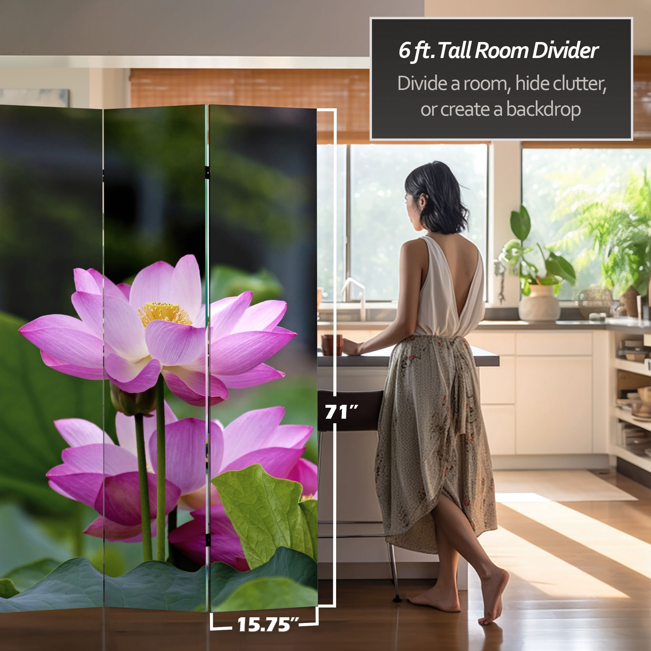 Oriental Furniture 6 ft. Tall Lotus Blossom Canvas Room Divider - 3 Panel