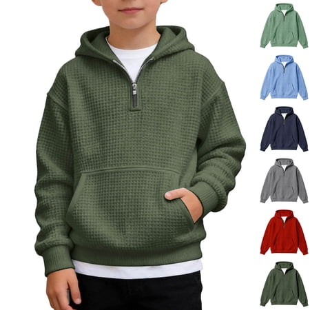 Boy Hoodies Long Sleeve Quarter Zip Waffle Hoodies Casual Loose Tops Boys Green Sweatshirt Size 4-14 Years