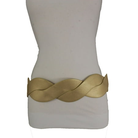 - Women Gold Belt Elastic Waistband Twisted Braided Faux Leather