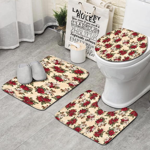 Multicolor Christmas Floral Pattern Bathroom Rugs Sets 3 Piece,Toilet Cover Set,Absorbent Non Slip Bathroom Mats Sets with U-Shaped Contour Rug Toilet Rug Set