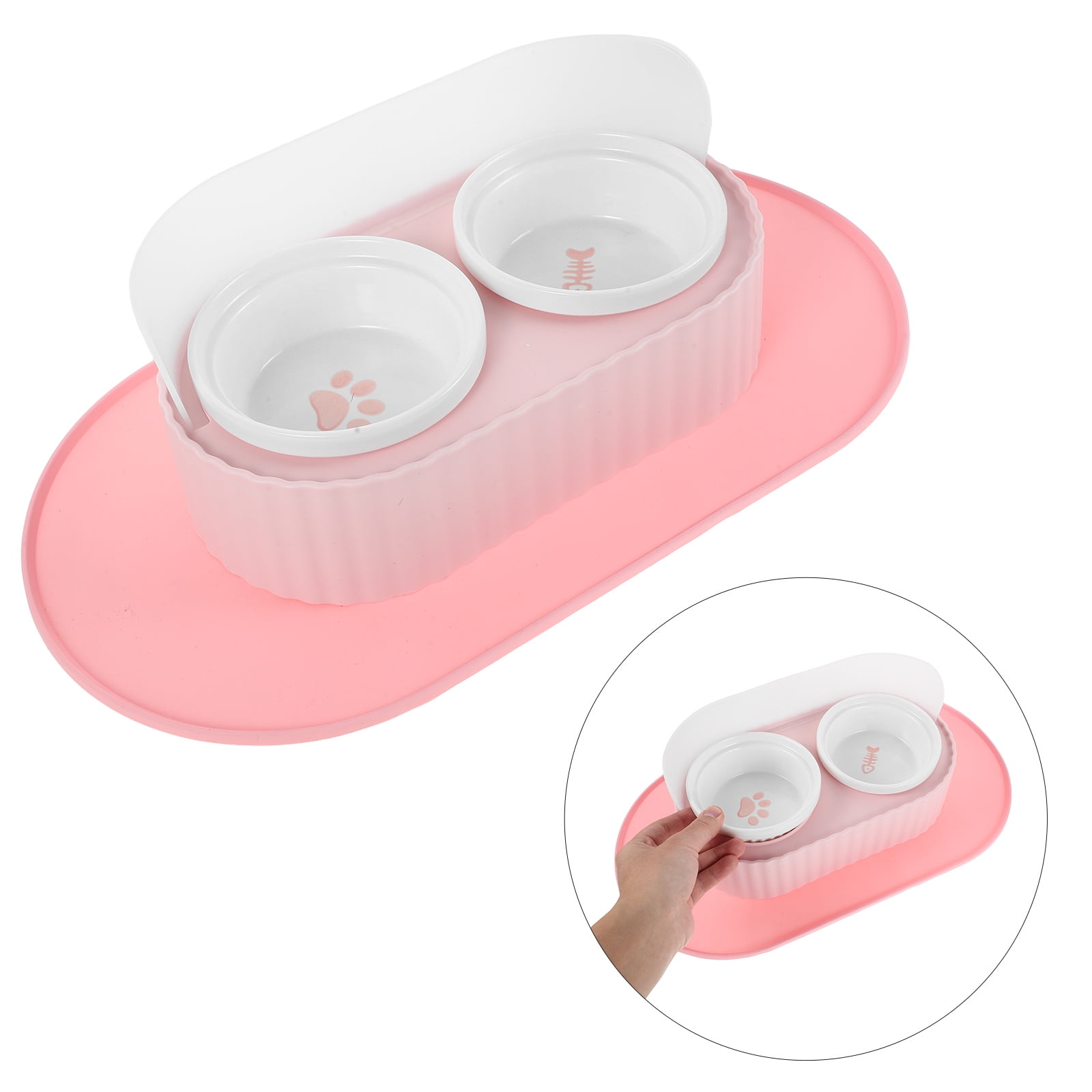 Uonlytech Elevated Ceramic Pet Bowls Set with Double Dish Feeder Mat and Non- Base for Pets