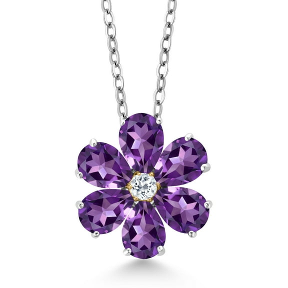 Gem Stone King 2.25 Ct Purple Amethyst White Topaz 925 Silver and 10K Yellow Gold Pear Shape Flower Pendant with Chain