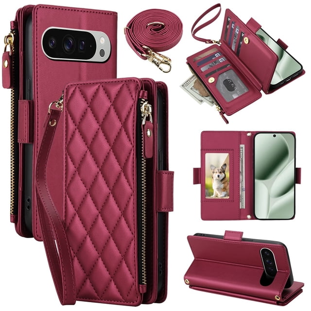 For Google Pixel 9 / 9 Pro 5G RFID Blocking Wallet Case, Crossbody Purse Phone Case with 9 Card Slots, Zipper Pocket & Detachable Strap,Red,For Pixel 9 / 9 Pro