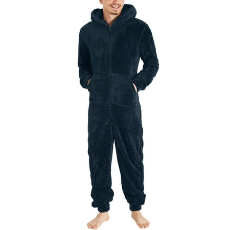 

WEAIXIMIUNG Mens Pajamas Set Soft Button Down Men Artificial Wool Long Sleeve Pajamas Casual Solid Color Zipper Loose Hooded Jumpsuit Pajamas Casual Winter Warm Romper 1 Piece Suit On Sleepwear