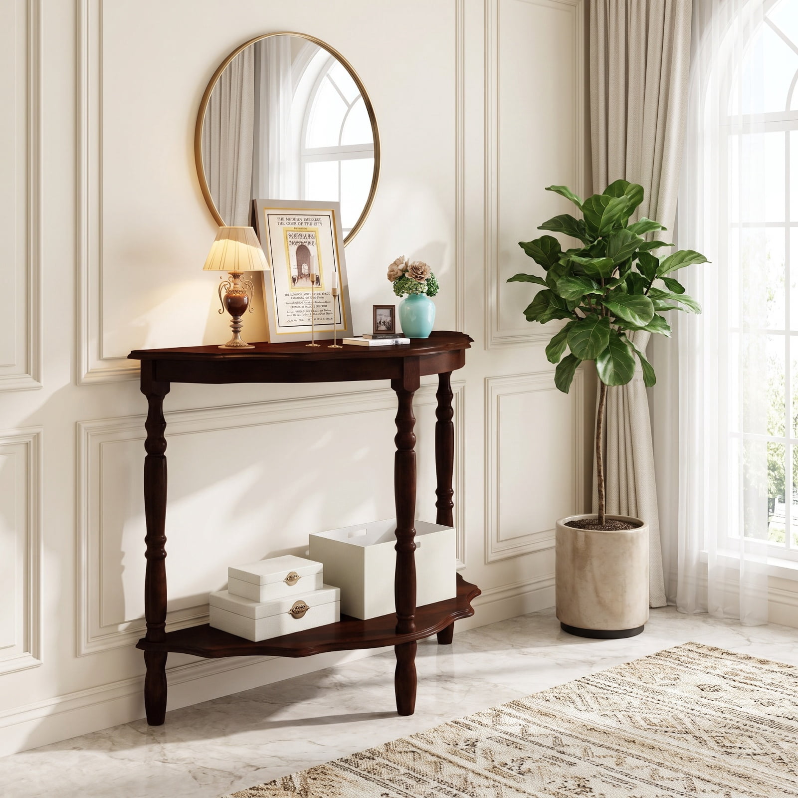 Furnibear 42 Inch Half Moon Console Table with Open Shelf and Solid Rubber Wood Legs for Entryway Hallway and Living Room, Espresso