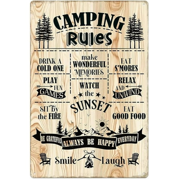 Camping Rules Tin Sign Vintage Wall Decor Funny Camper Door Decorations Retro Camp Themed Art Poster Metal Signs Hanging Plaque for Home Bar Bedroom Cafe Patio Porch Garage Pub 12X8 Inch