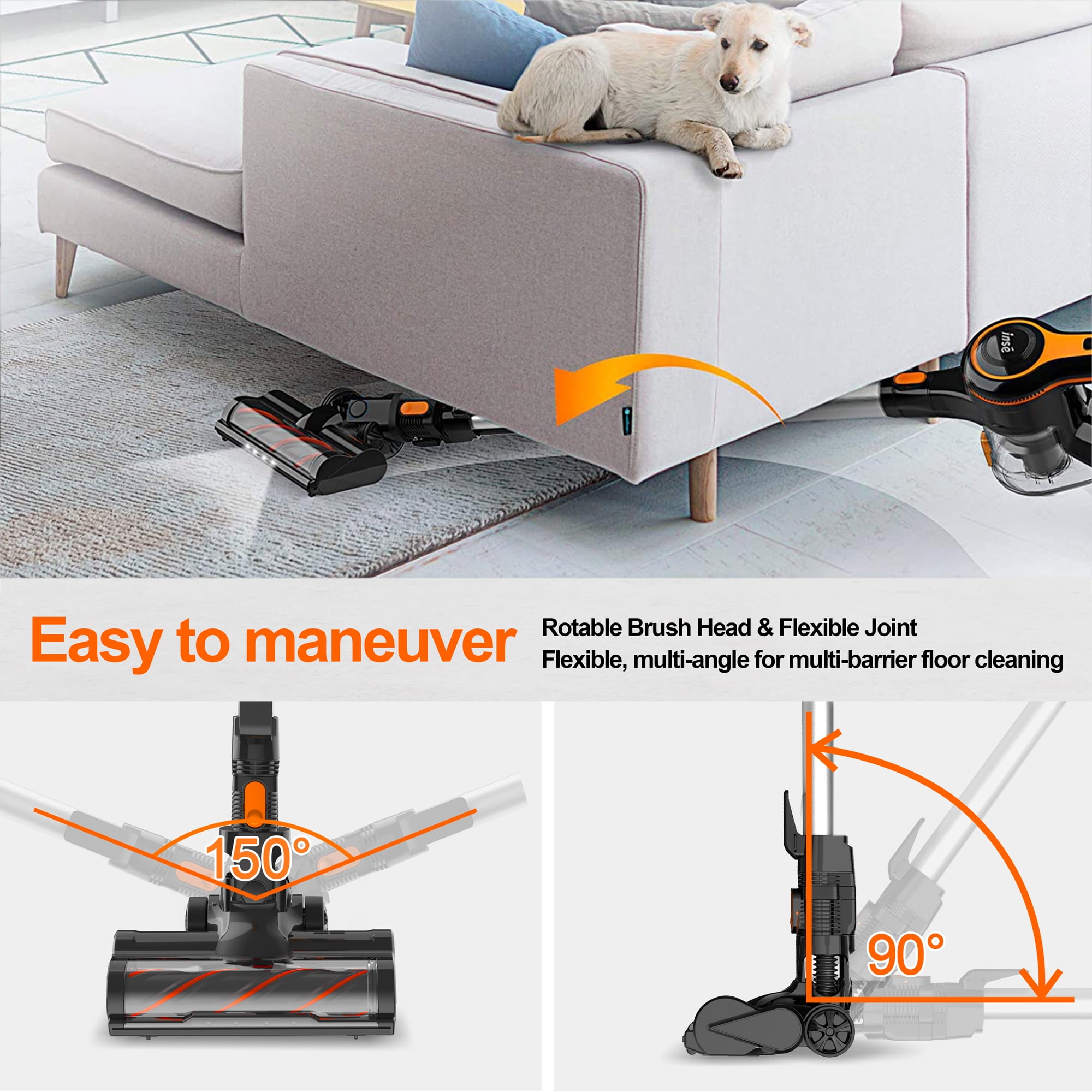 INSE Cordless Vacuum Cleaner,25Kpa Powerful Stick Vacuum,6-in-1 Rechargeable Vacuum with 2500mAh Battery Up to 45mins Runtime,300W Brushless Motor Cordless Vacuum for Pet Hair Hard Floor Carpet
