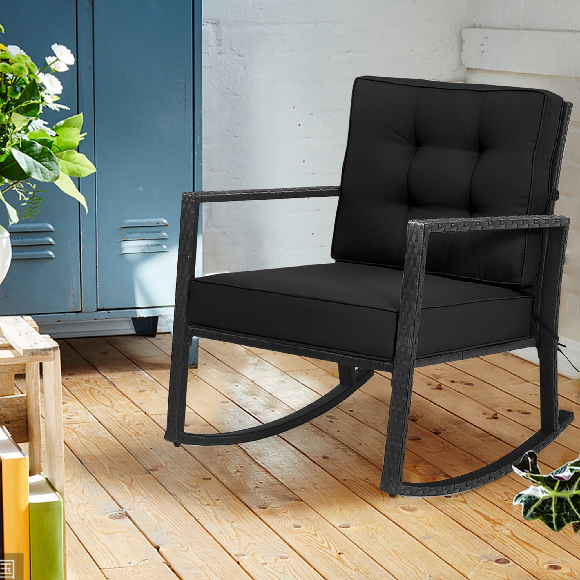 Costway 2 PCS Patio Rattan Rocker Chair Outdoor Glider Rocking Chair Cushion Lawn Black