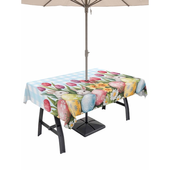 Easter Outdoor Tablecloth - 52x70 Inch Rectangle Dining Table Cover, Spring Bunny Colorful Eggs Tulip Flowers Blue Check Waterproof Outdoor Table Cloth with Umbrella Hole & Zipper for Picnic/Patio