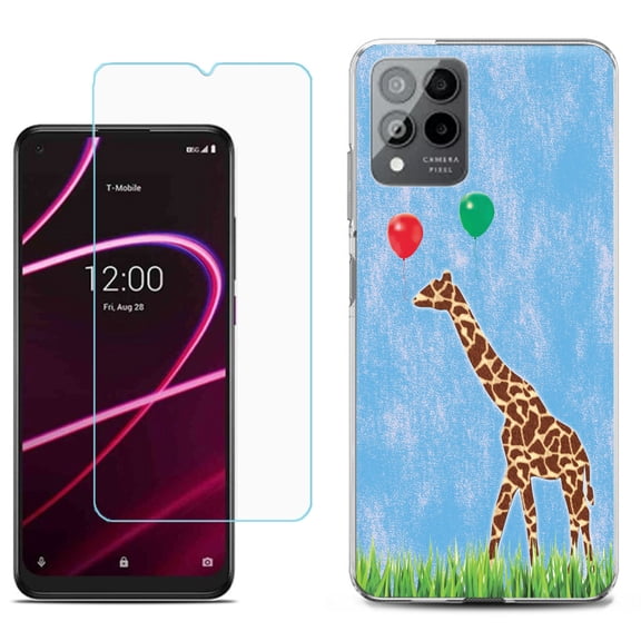 Slim-Fit Gel TPU Phone Case for T-Mobile Revvl 6 Pro 5G, with Tempered Glass Screen Protector, by OneToughShield ® - Giraffe/Balloon