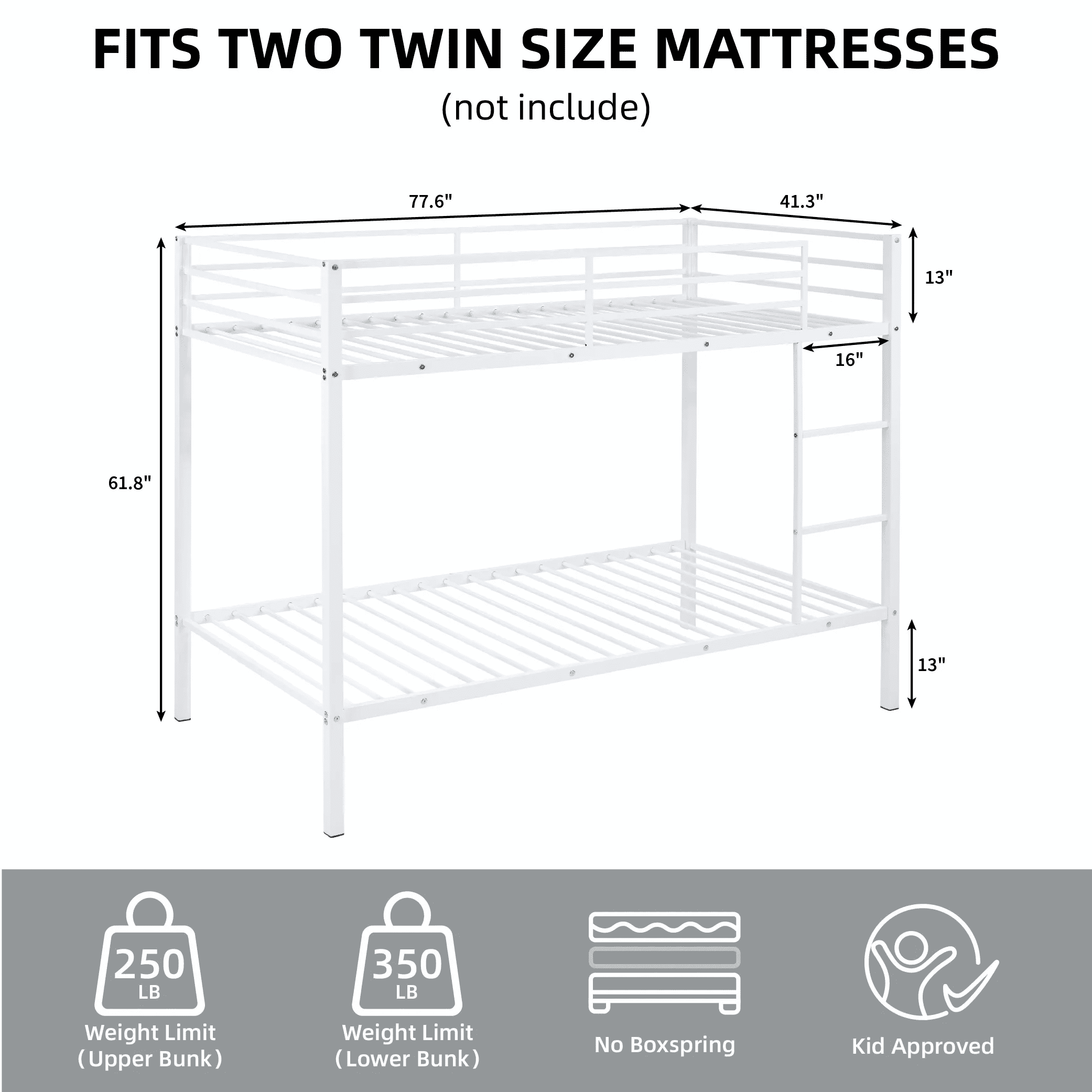 MAYEERTY Twin Size Metal Bunk Bed, Low Profile Bed Frame with Built-in Ladder, High Guardrail, Space-Saving for Kids, No Box Spring Required, White
