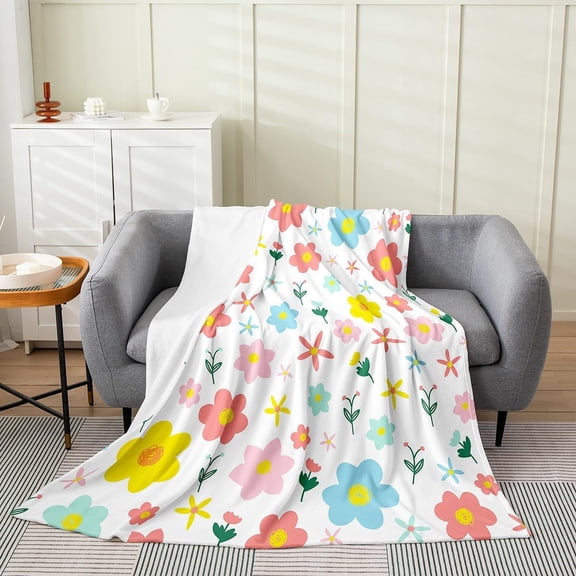 Floral Fleece Throw Blanket for Couch Sofa Bed Cute Colorful Flowers Soft Warm Microfiber Blanket for All Seasons