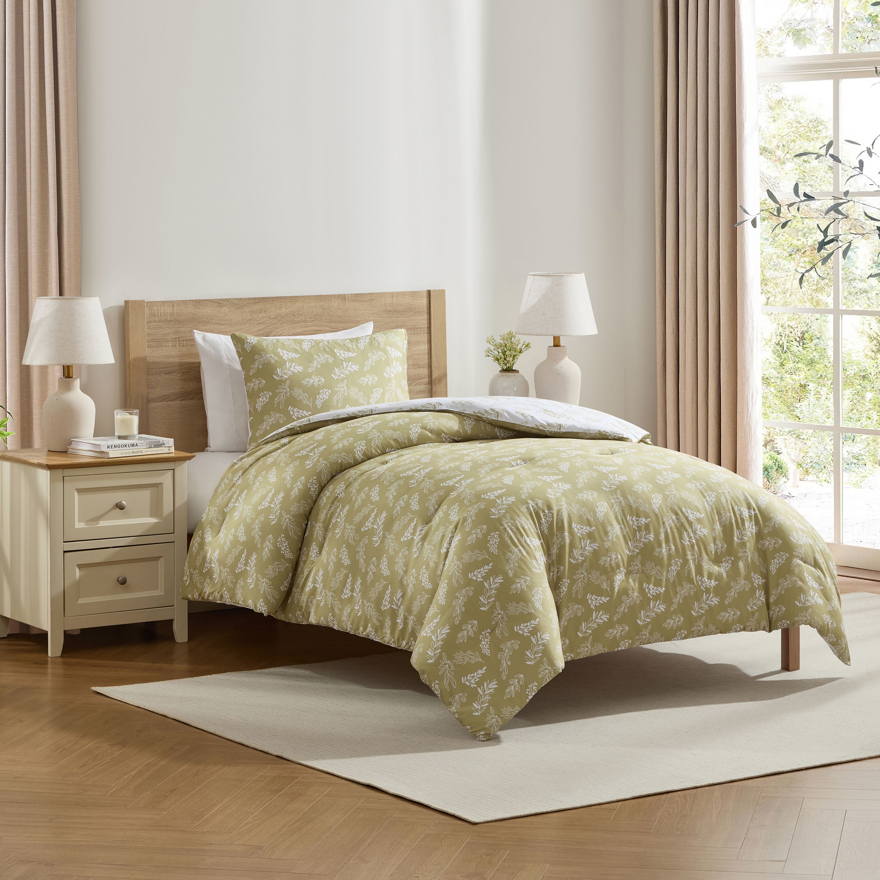 LammaLoe Twin Comforter Sets, 2 Piece Botanical Bed in a Bag, Reversible Bedding Comforter Set with Sheets, Modern Bed Set, Olive Grove/White