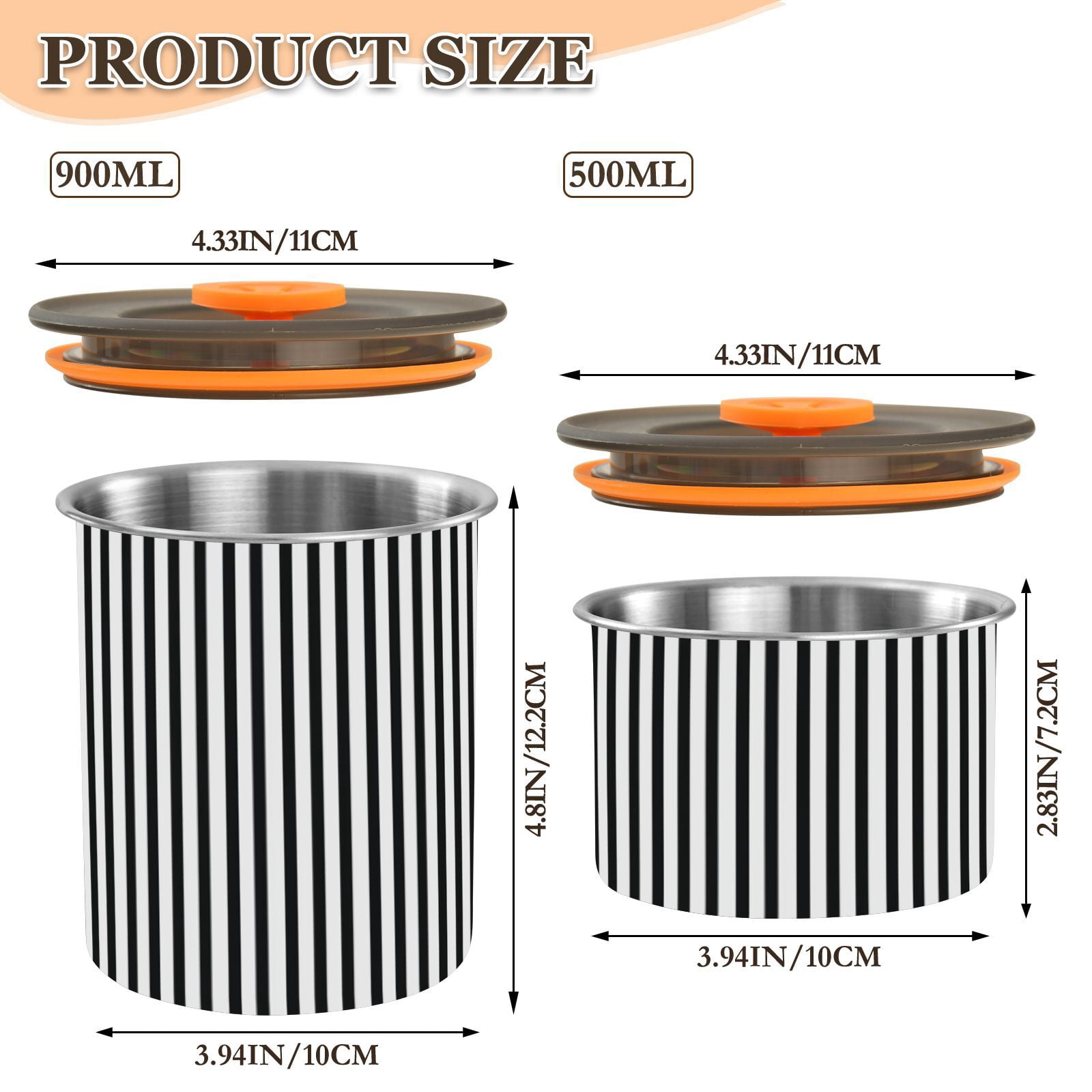Black & White Stripes Airtight Coffee Bean Canister 30oz Food Storage Containers with Lids For Gournd, Tea, Sugar, Flour, Rice, Cereal, Candy Cookie Jar