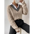 thumbnail image 2 of Womens V Neck Oversized Sweaters Long Sleeve Cable Knit Pullover Striped Chunky Sweater Casual Tennis Tunic Tops Khaki S, 2 of 6
