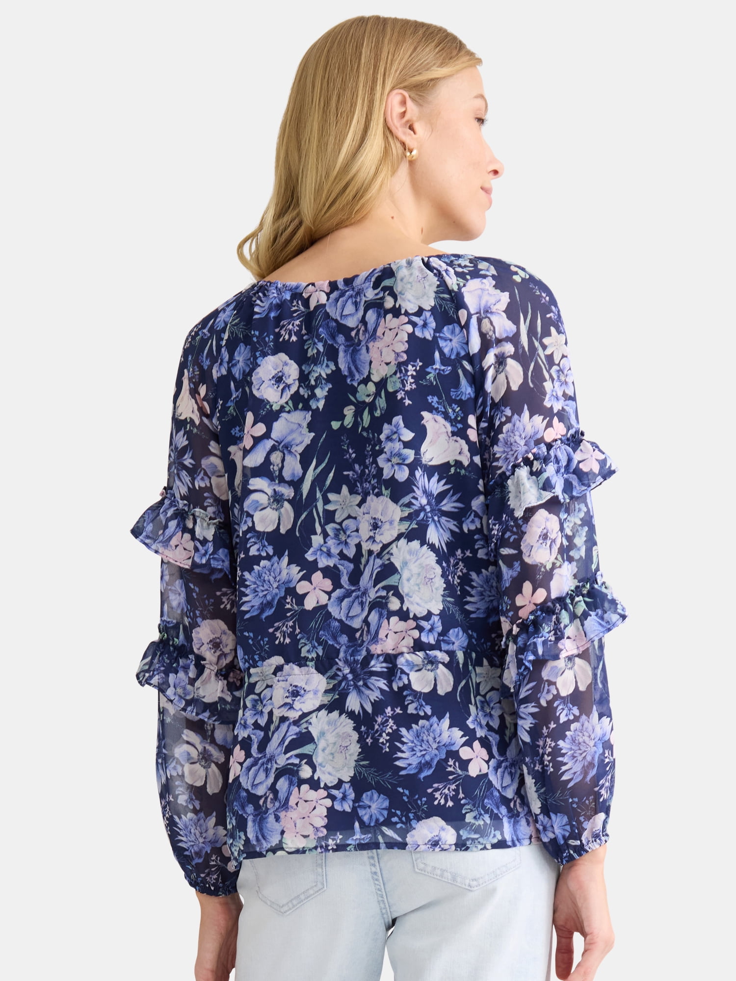 The Pioneer Woman Floral Print Blouse with Ruffle Sleeves, Sizes S-3XL, Women’s
