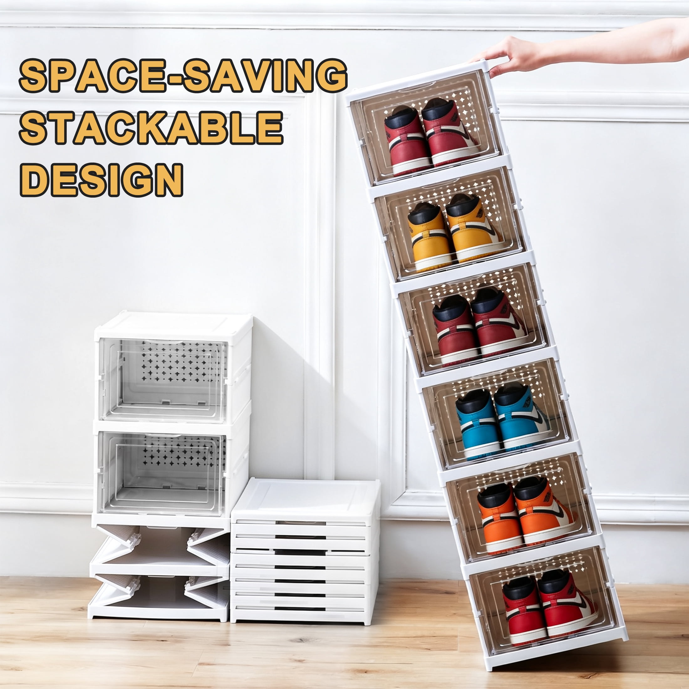 GARITIN Shoe Storage Box, 6 Tier Foldable No Assembly Clear Door Stackable Plastic Shoe Organizer