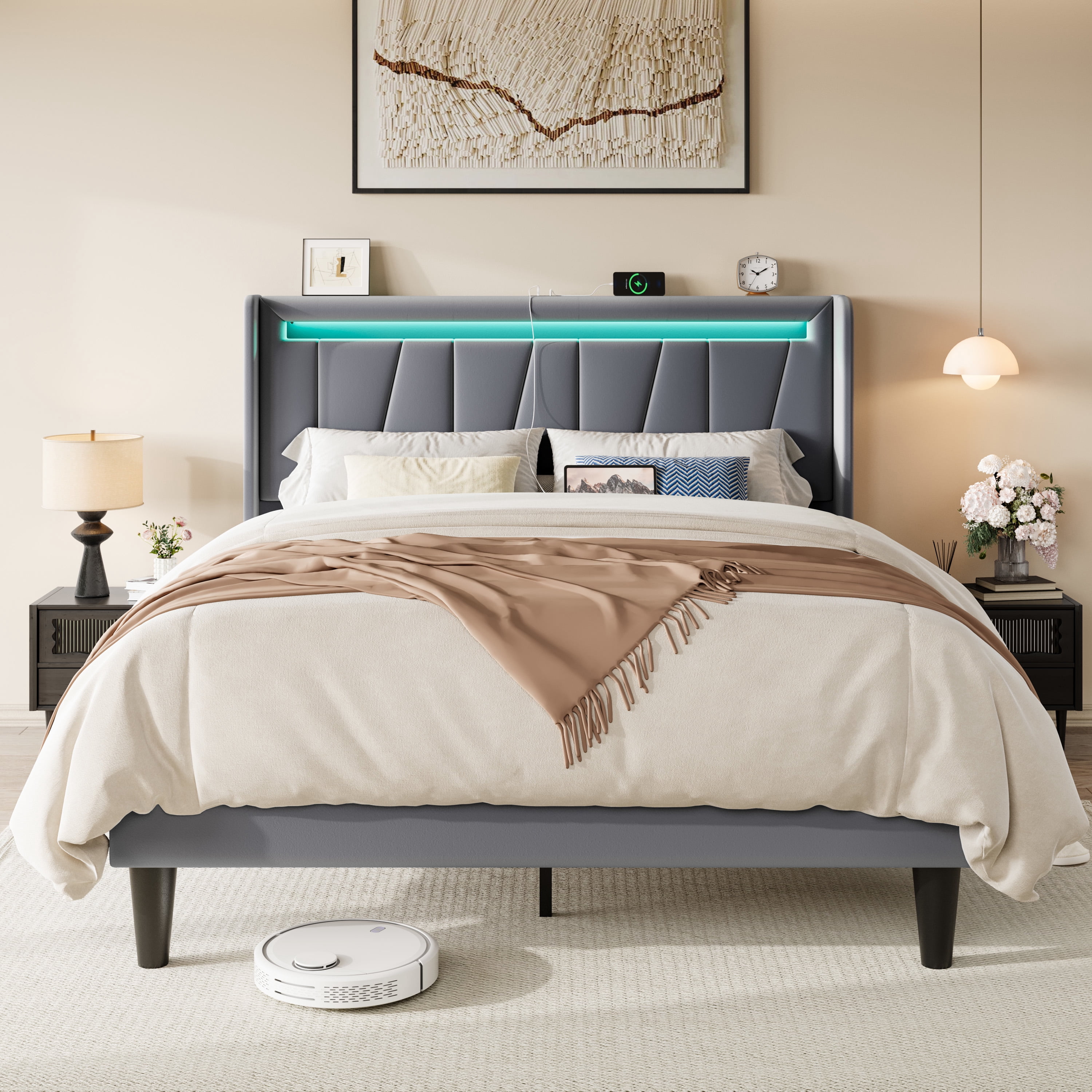Allewie Queen Size LED Bed Frame with Charging Station, Velvet Upholstered Platform Bed with Geometric Wingback Headboard, Grey