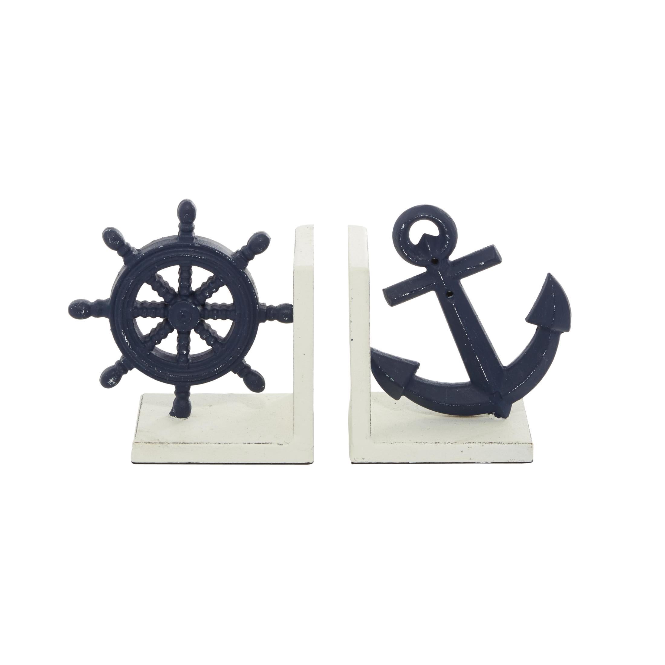 DecMode 6" Anchor Ship Wheel Blue Metal Bookends (Set of 2)