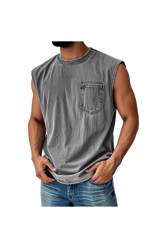 Sleeveless Shirts for Men Distressed Washed Tank Tops Crew Neck Vintage Solid Workout Tee Top with Chest Pocket Gray 2XL