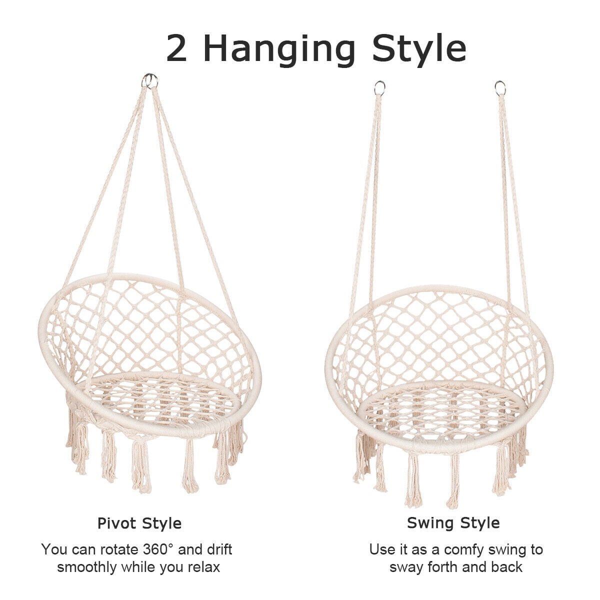 Garpans Hammock Chair Macrame Swing Chair Handmade Knitted Hanging Cotton Rope Chair for Indoor/Outdoor Home Patio Deck Yard Garden Reading Leisure Beige